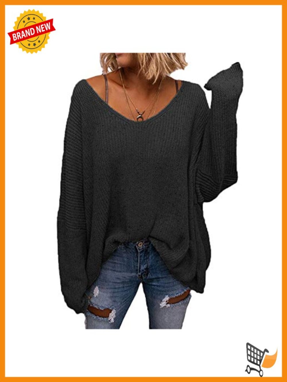 Women's V Neck Long Sleeve Waffle Knit Loose Oversized Pullover Sweater